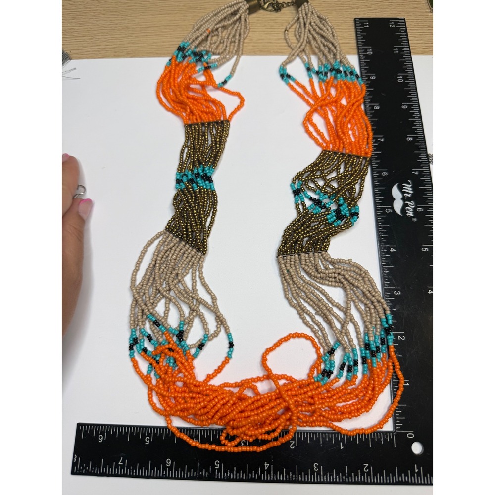 Multi Strand Seed Bead Statement Necklace Orange Turquoise Tan Bronze Boho 22in